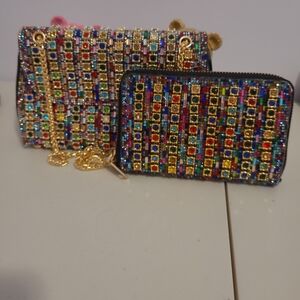 Multicolor Crystal Embellished Crossbody Bag and Wallet Set